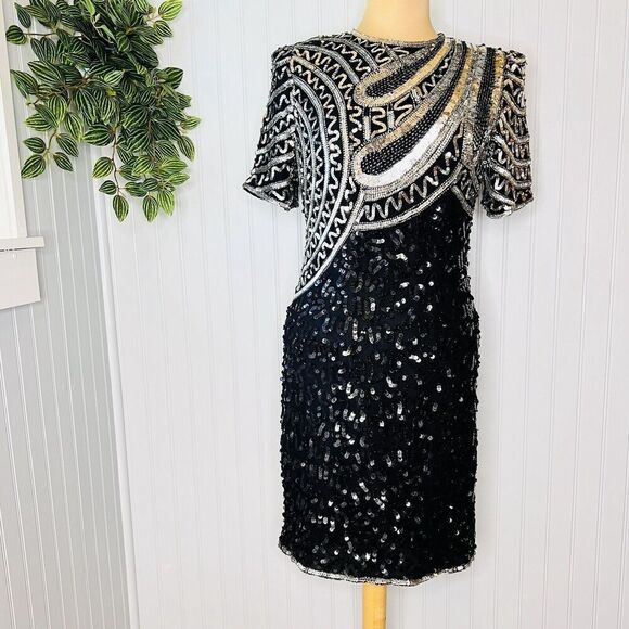 RARE Laurence Kazar Sz PM Dress Vintage Silk Beaded Sequins Dinasty Glam Handmad - Picture 2 of 16